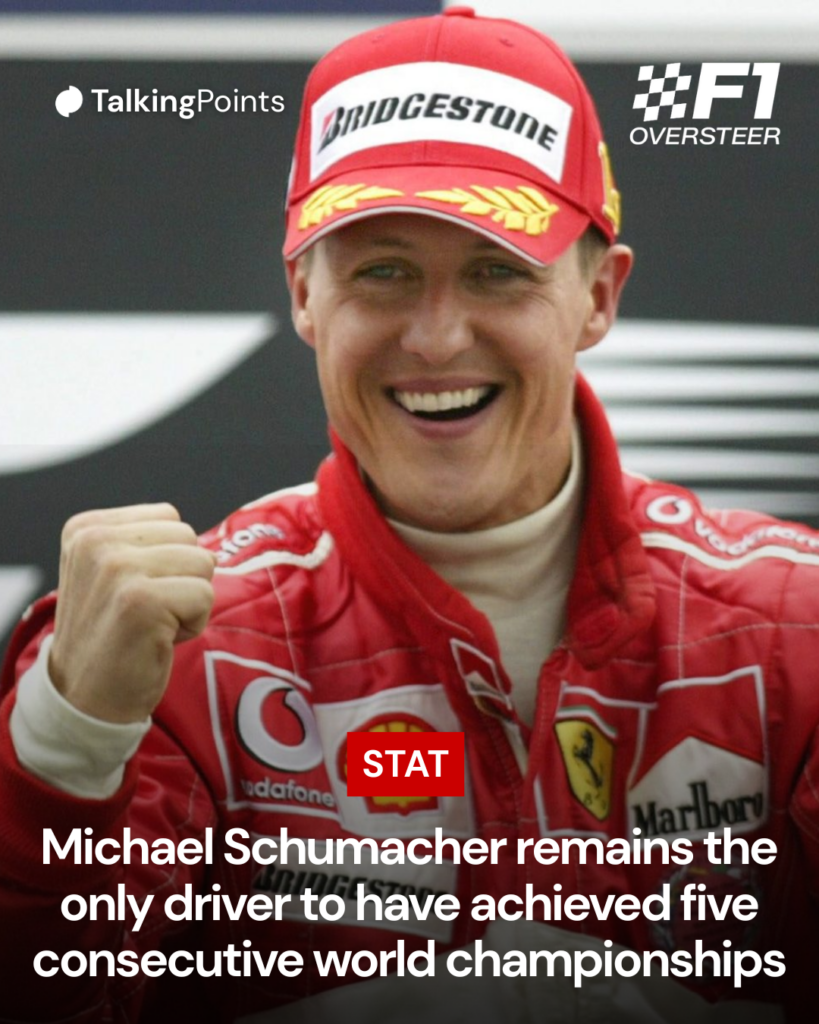 Michael Schumacher holds up his fists in celebration after the 2004 Bahrain Grand Prix