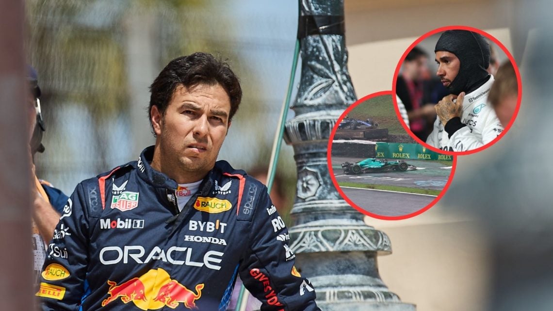 Red Bull driver Sergio Perez looks on after crashing in the 2024 F1 Monaco Grand Prix. Inset, Mercedes driver Lewis Hamilton (top) gets ready ahead...