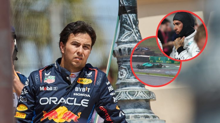 Red Bull driver Sergio Perez looks on after crashing in the 2024 F1 Monaco Grand Prix. Inset, Mercedes driver Lewis Hamilton (top) gets ready ahead...