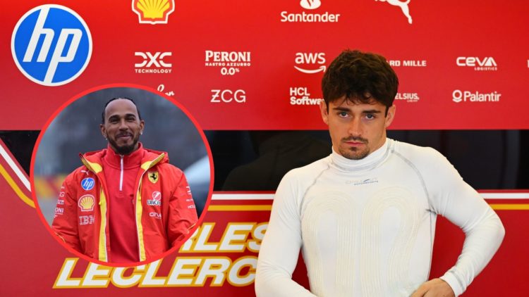 Ferrari driver Charles Leclerc prepares to drive in the garage during post-season Formula 1 testing. Inset, Ferrari driver Lewis Hamilton greets fa...