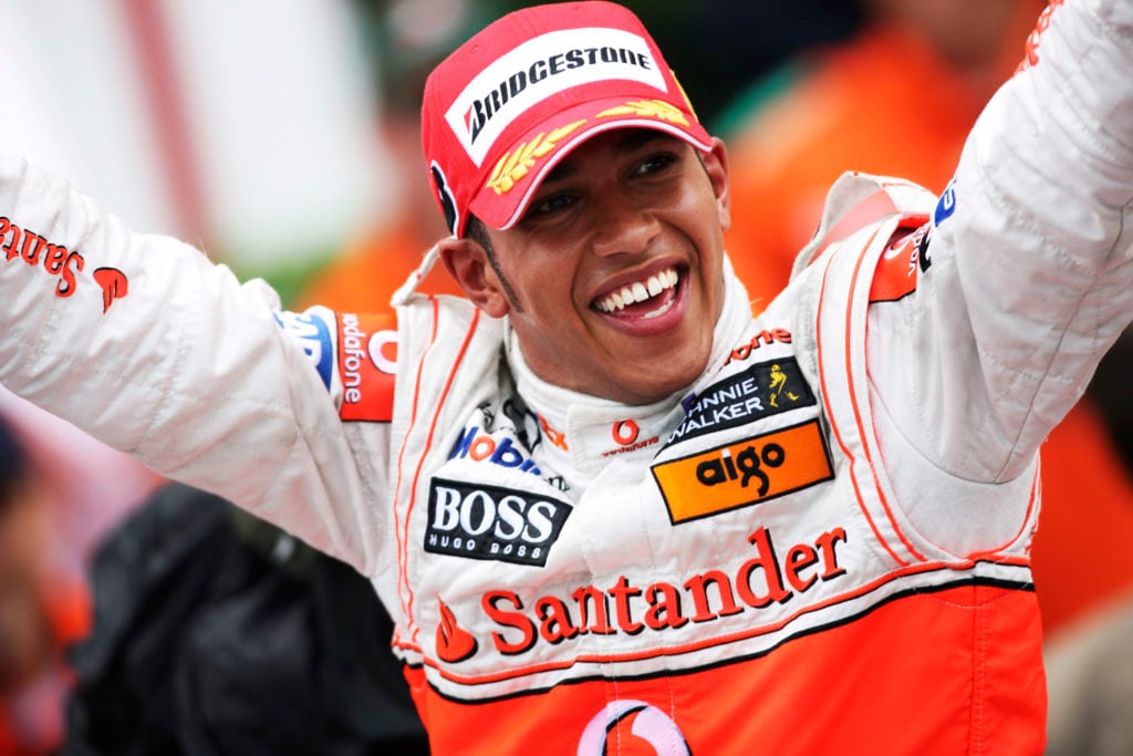 Lewis Hamilton celebrates after winning the 2008 Monaco Grand Prix