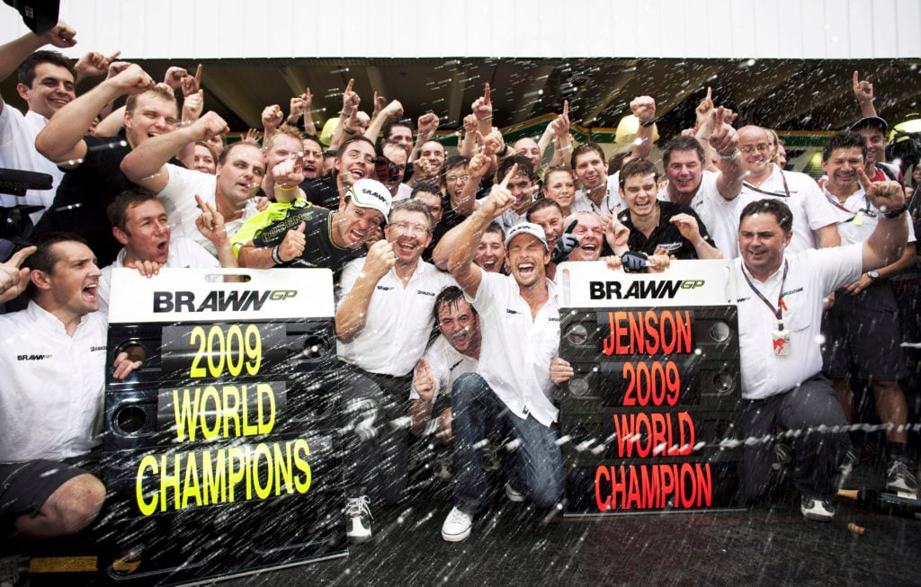 Jenson Button, Rubens Barrichello, Ross Brawn, Celebration, 2009 Brazilian Grand Prix
