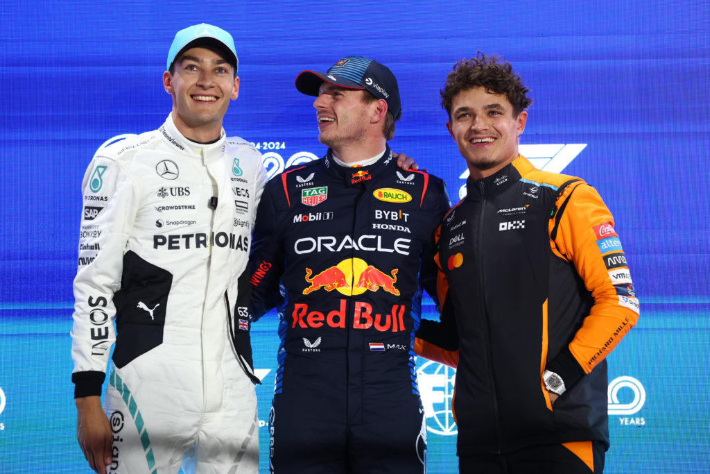 George Russell, Max Verstappen and Lando Norris after qualifying for the 2024 Qatar Grand Prix.