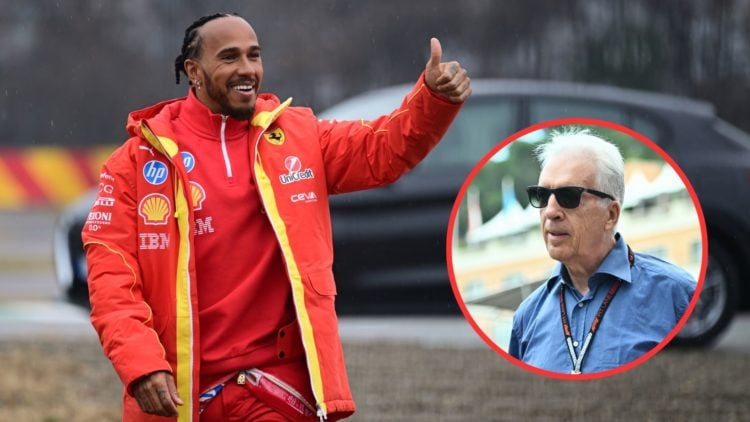 Ferrari driver Lewis Hamilton greets fans during a pre-season test at Fiorano. Inset, Ferrari vice chairman Piero Ferrari in the paddock ahead of t...