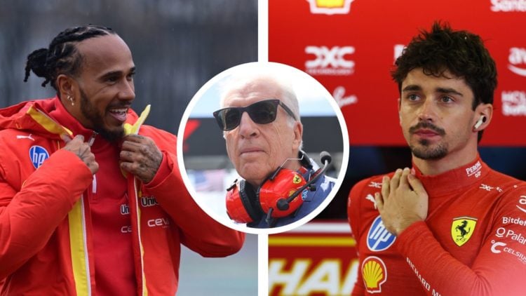 Ferrari driver Lewis Hamilton (left) greets fans during a pre-season test at Fiorano. Ferrari driver Charles Leclerc (right) gets ready ahead of qu...
