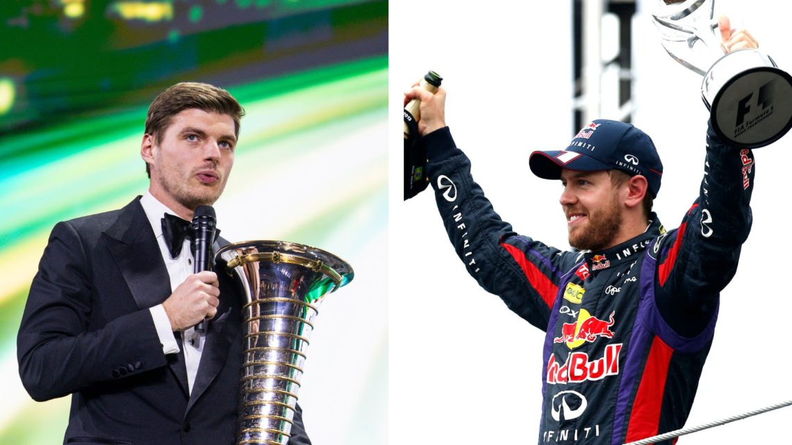 Red Bull driver Max Verstappen (left) receives his 2024 Formula 1 title at the FIA prize giving ceremony. Red Bull driver Sebastian Vettel (right) ...
