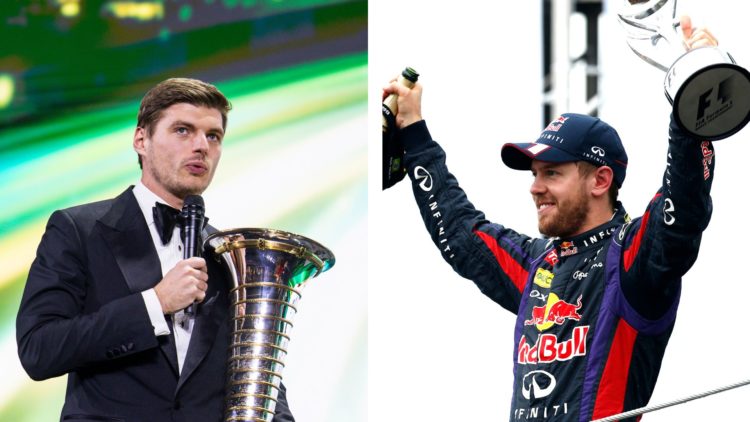 Red Bull driver Max Verstappen (left) receives his 2024 Formula 1 title at the FIA prize giving ceremony. Red Bull driver Sebastian Vettel (right) ...
