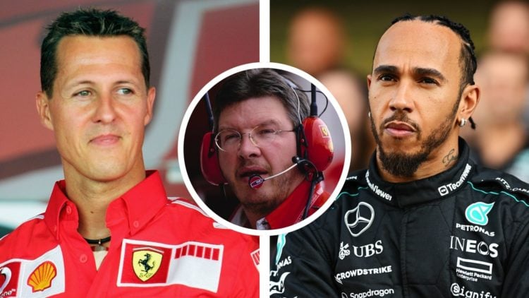 Ferrari driver Michael Schumacher (left) attends a press event before the 2005 Italian Grand Prix. Mercedes driver Lewis Hamilton (right) poses for...