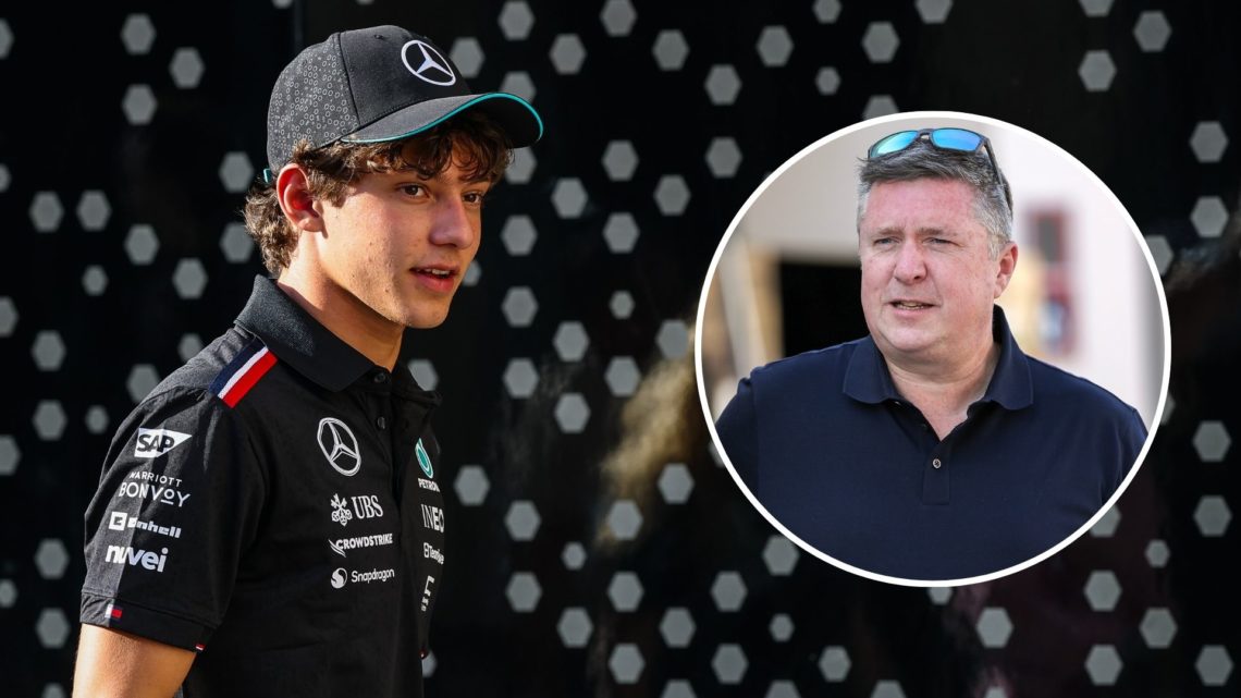 Andrea Kimi Antonelli of Italy and Mercedes walks in the paddock during previews ahead of the F1 Grand Prix. Inset, David Croft of Sky Sports.