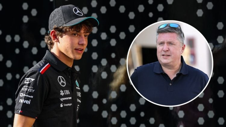 Andrea Kimi Antonelli of Italy and Mercedes walks in the paddock during previews ahead of the F1 Grand Prix. Inset, David Croft of Sky Sports.