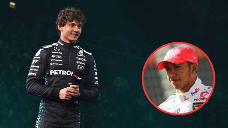 Mercedes 2025 rookie Andrea Kimi Antonelli on stage at F1 75 Live. Inset, Lewis Hamilton ahead of his F1 debut with McLaren at the 2007 Australian ...