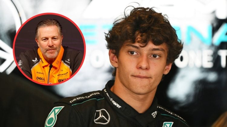 Mercedes 2025 F1 driver Andrea Kimi Antonelli prepares for the 2024 post-season Abu Dhabi test. Inset, McLaren CEO Zak Brown speaks to the media at...