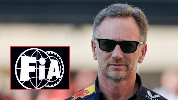 Red Bull team principal Christian Horner walks through the 2024 F1 Abu Dhabi Grand Prix paddock. Inset, logo of the FIA at the 2024 F1 Miami Grand ...