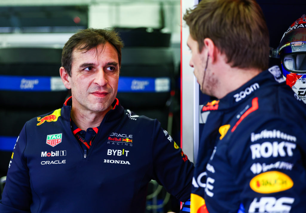 Red Bull technical director Pierre Wache talks to Max Verstappen during 2024 F1 pre-season testing in Bahrain
