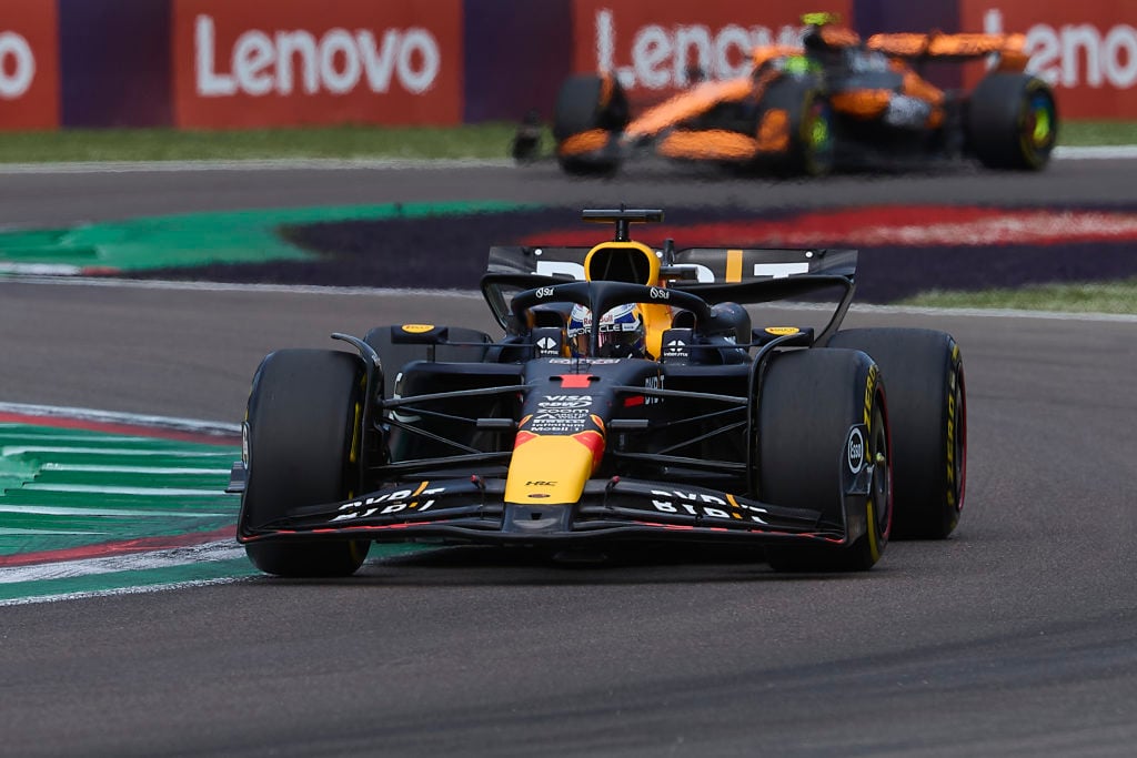 Red Bull driver Max Verstappen leads Lando Norris of McLaren during the 2024 Emilia Romagna Grand Prix at Imola