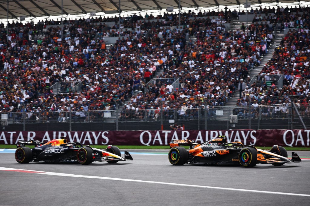 Red Bull driver Max Verstappen follows Lando Norris of McLaren in the 2024 F1 Mexico City Grand Prix