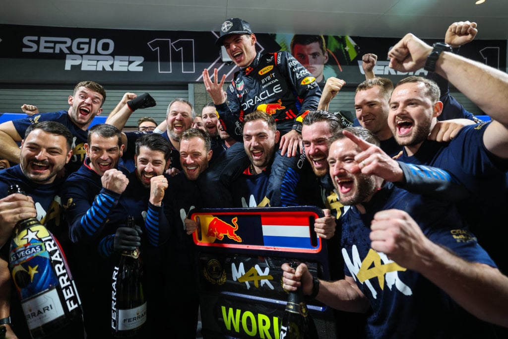 Red Bull driver Max Verstappen celebrates winning the 2024 F1 drivers' title at the Las Vegas Grand Prix