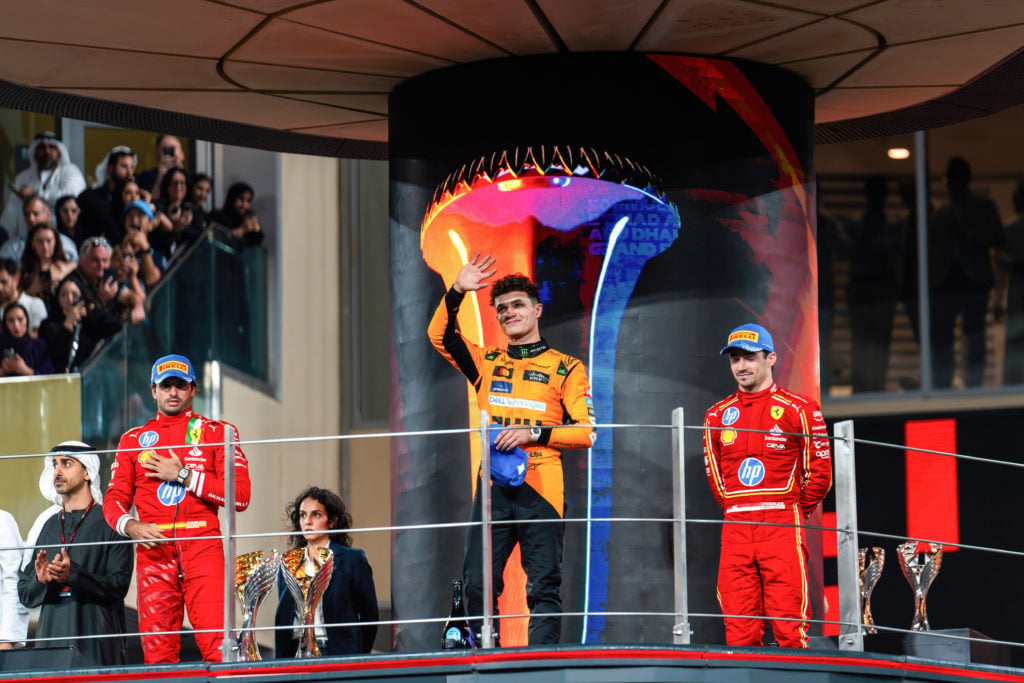 (L-R) Carlos Sainz, Lando Norris and Charles Leclerc