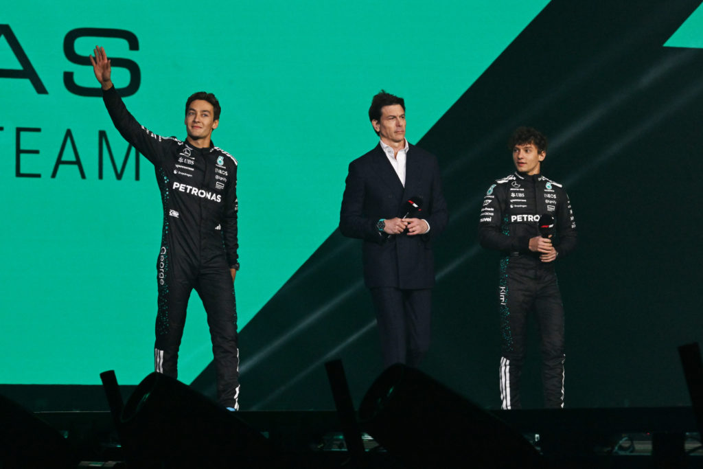 George Russell, Toto Wolff and Kimi Antonelli at the unveiling of Mercedes 2025 F1 car at the F1 75 Live show.