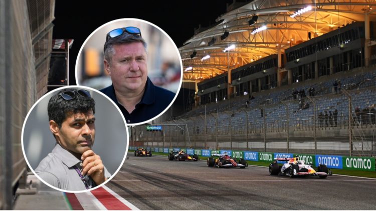 Rookie Racing Bulls driver Isack Hadjar does a practice start at F1 testing in Bahrain. Insets, Sky Sports F1 pundits David Croft and Karun Chandhok.
