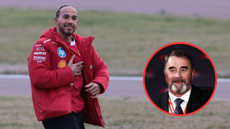 Lewis Hamilton greets Ferrari fans at Fiorano after SF-25 test. Inset, Nigel Mansell arrives at F1 75.