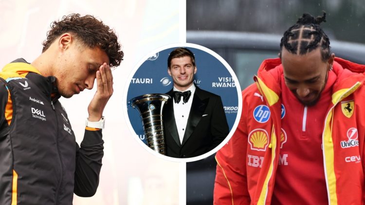 McLaren driver Lando Norris (left) looks disappointed after FP3 for the 2024 F1 Mexico City Grand Prix. Ferrari driver Lewis Hamilton (right) greet...