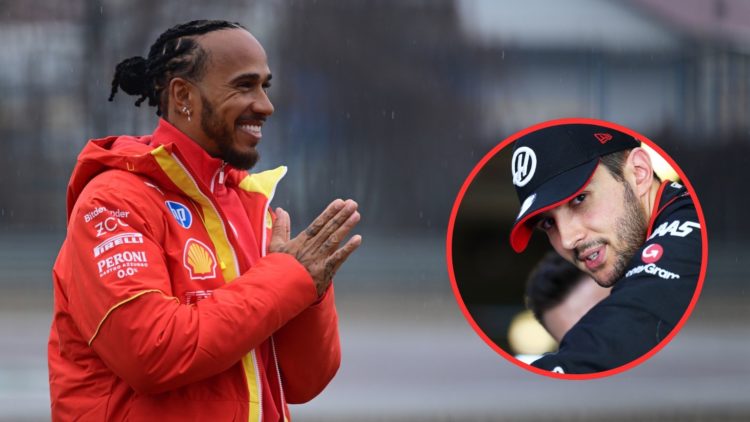 Ferrari Formula 1 driver Lewis Hamilton greets fans at his Fiorano test. Inset, Haas driver Esteban Ocon in the garage during post-season 2024 test...