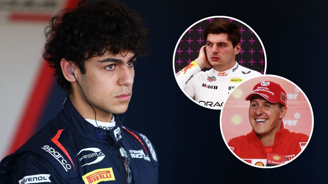 Arvid Lindblad of Great Britain and Campos Racing (20) looks on. Inset, Michael Schumacher and Max Verstappen.