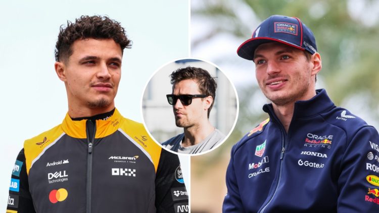 McLaren driver Lando Norris and Red Bull racer Max Verstappen arrive in the paddock for F1 testing. Inset, F1 pundit Jolyon Palmer watches GP3 prac...