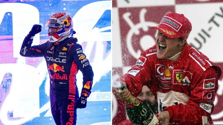 Split image of Max Verstappen and Michael Schumacher.