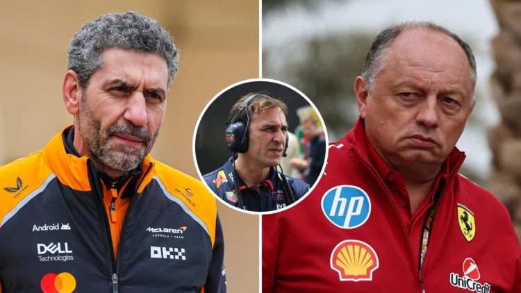 McLaren and Ferrari team principals Andrea Stella and Fred Vasseur walk through the paddock at 2025 F1 testing in Bahrain. Inset, Red Bull technica...