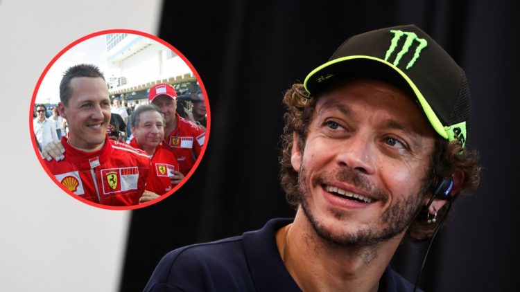 MotoGP legend Valentino Rossi during a WEC 6 Hours of Fuji press conference with BMW. Inset, Ferrari F1 legend Michael Schumacher walks through the...