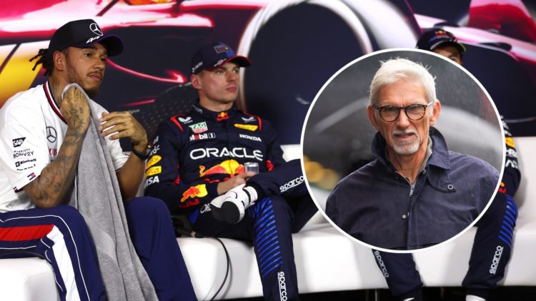 Lewis Hamilton and Max Verstappen. Inset, Damon Hill.