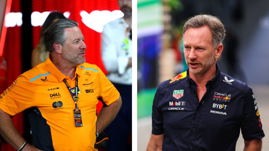 McLaren CEO Zak Brown (left) chats with Lando Norris after the 2024 F1 Abu Dhabi Grand Prix. Red Bull team principal Christian Horner (right) walks...