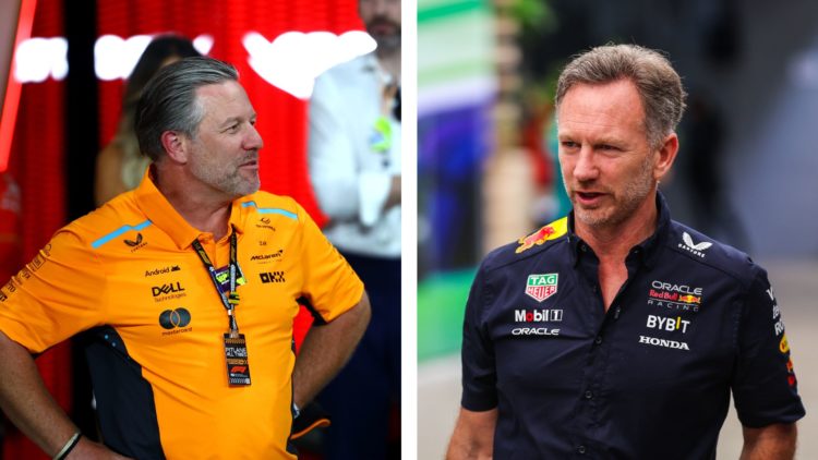 McLaren CEO Zak Brown (left) chats with Lando Norris after the 2024 F1 Abu Dhabi Grand Prix. Red Bull team principal Christian Horner (right) walks...