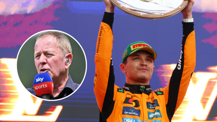 Lando Norris celebrates Australian GP win with Martin Brundle inset.
