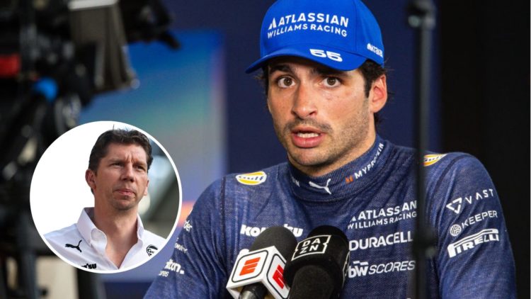 Carlos Sainz of Spain and Williams speaks in the media pen at the Australian Grand Prix and (inset) James Vowles looks on.