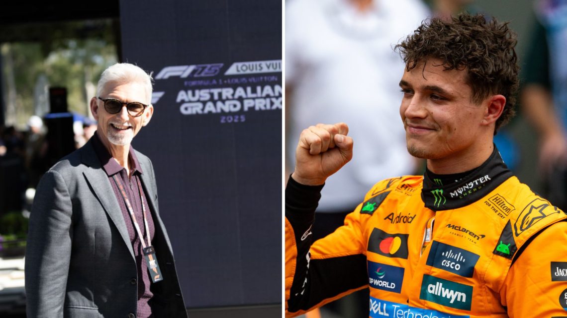 Split image of Damon Hill (L) during the Australian Grand Prix and Lando Norris (R) celebrating pole position.