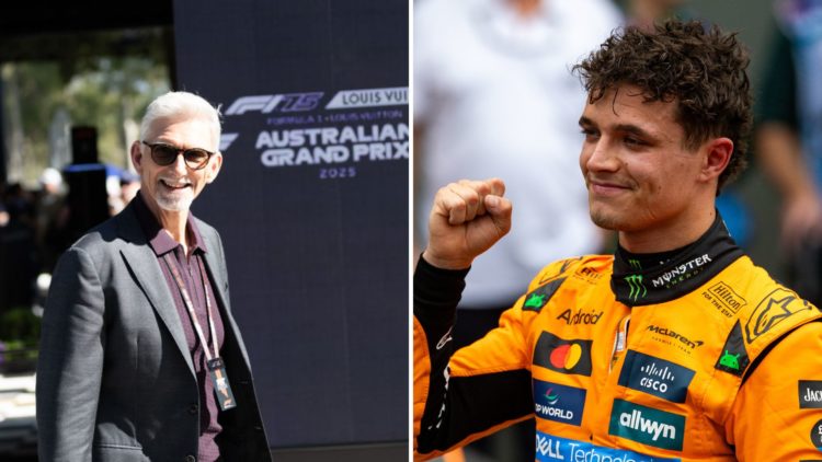 Split image of Damon Hill (L) during the Australian Grand Prix and Lando Norris (R) celebrating pole position.