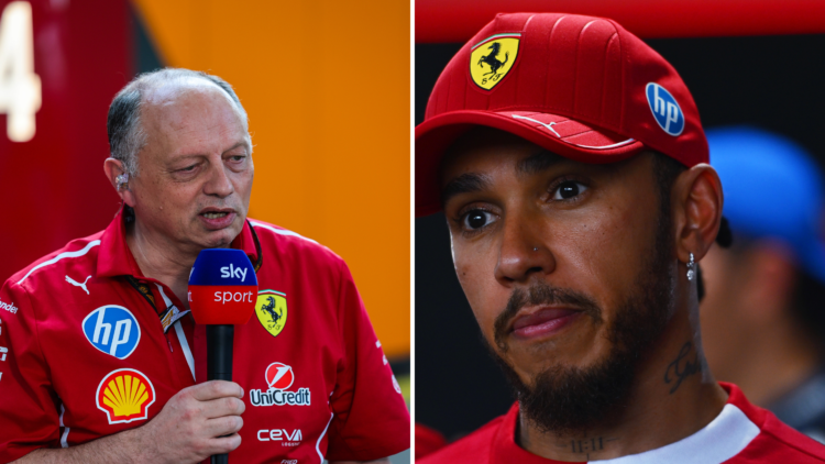 Ferrari Team Principal Frederic Vasseur (L) speaks in the paddock at the Australian Grand Prix and Lewis Hamilton (R) looks on after qualifying.