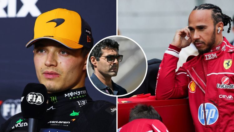 Lewis Hamilton of Great Britain and Scuderia Ferrari on the grid during the Sprint ahead of the F1 Grand Prix of China, Lando Norris of Great Brita...