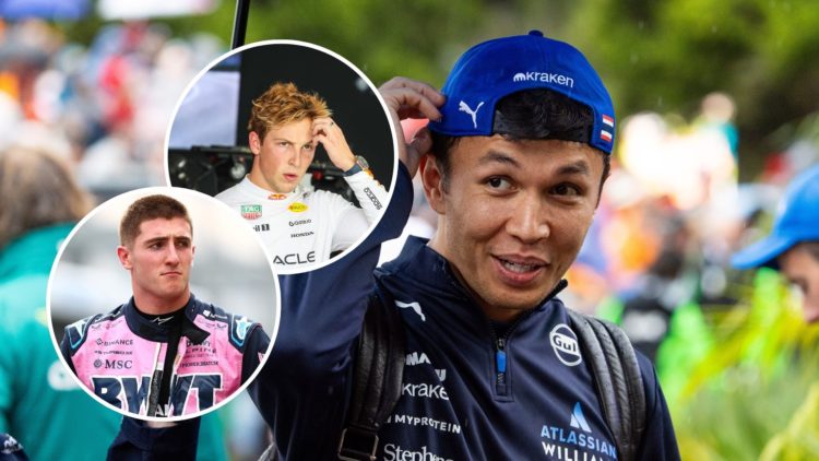 Image of Williams Racing driver Alex Albon (R) with inset of Red Bull Racing driver Liam Lawson (M) and Alpine driver Jack Doohan (L).