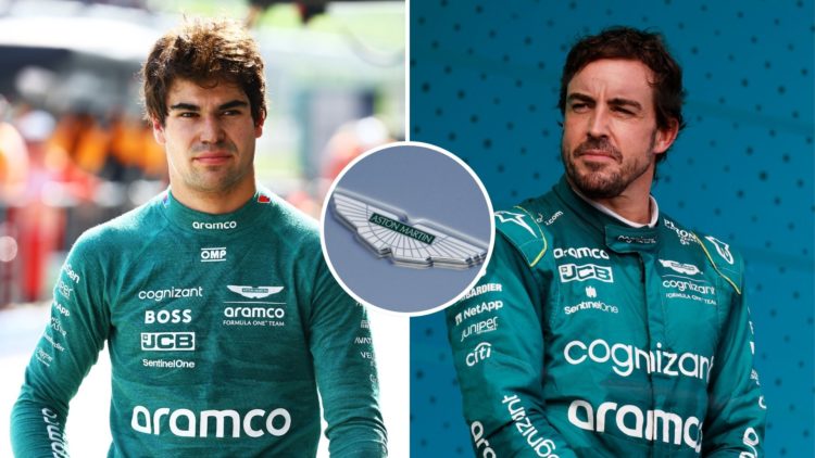 Split image of Third placed Fernando Alonso of Spain and Aston Martin F1 Team celebrates on the podium during the F1 Grand Prix of Miami, and 17th ...