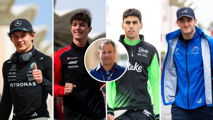 A side-by-side of F1 rookies Andrea Kimi Antonelli, Oliver Bearman, Gabriel Bortoleto and Jack Doohan in the paddock at testing with an inset of Sk...