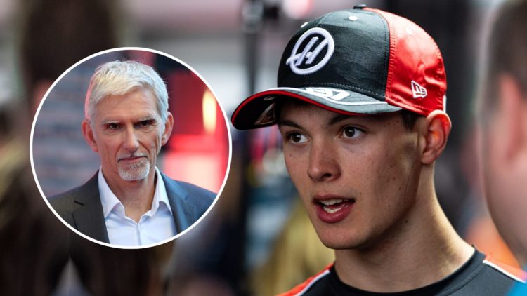Image of Oliver Bearman of Great Britain and Haas F1 team speaks in the media pen during the F1 Grand Prix of China with an inset of Damon Hill att...