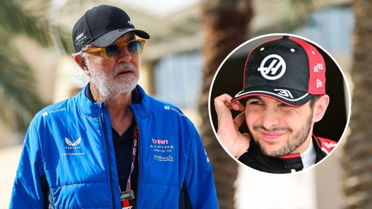 Alpine executive adviser Flavio Briatore walks through the 2025 F1 testing paddock in Bahrain. Inset, Haas driver Esteban Ocon reacts in the garage.