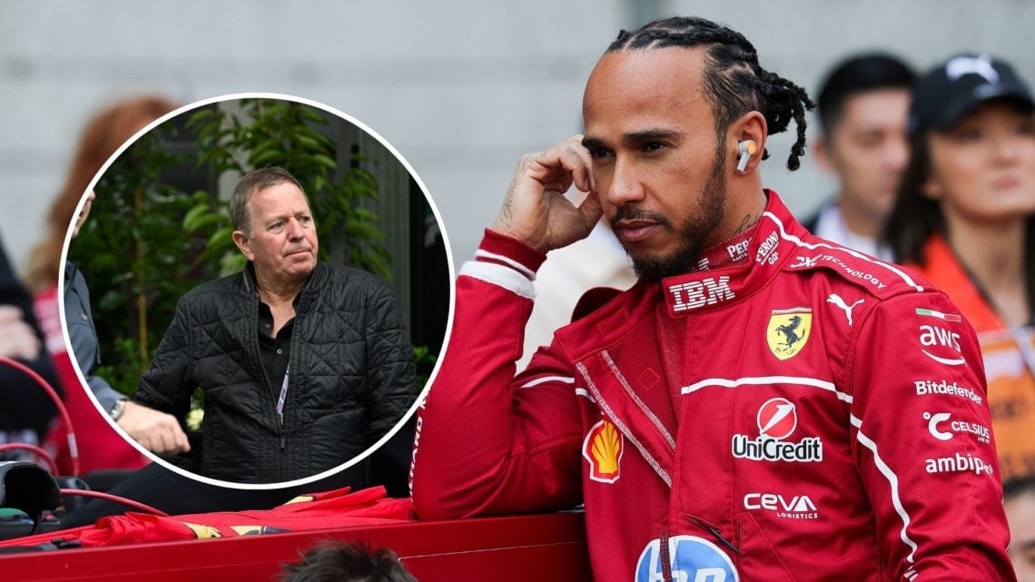 Image of (R) Lewis Hamilton of Ferrari at the Chinese Grand Prix. Inset of Martin Brundle (L).
