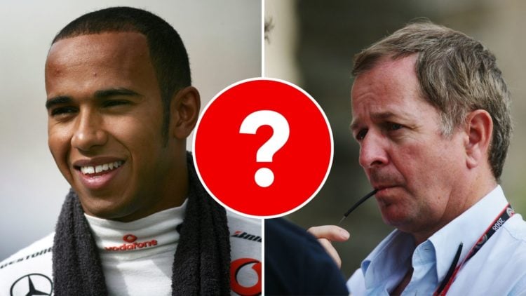 Split image of ITV Sport commentator Martin Brundle and Lewis Hamilton with an inset of a question mark