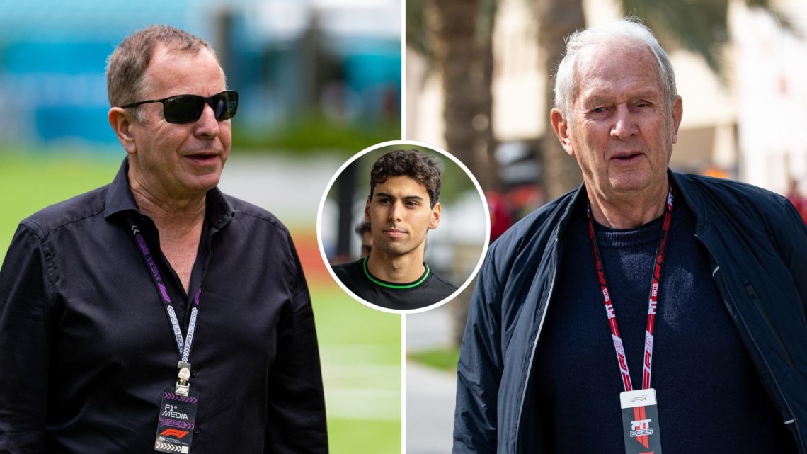 Martin Brundle walks in the paddock during practice ahead of the F1 Grand Prix of Miami, and Dr Helmut Marko of Oracle Red Bull Racing walks in the...