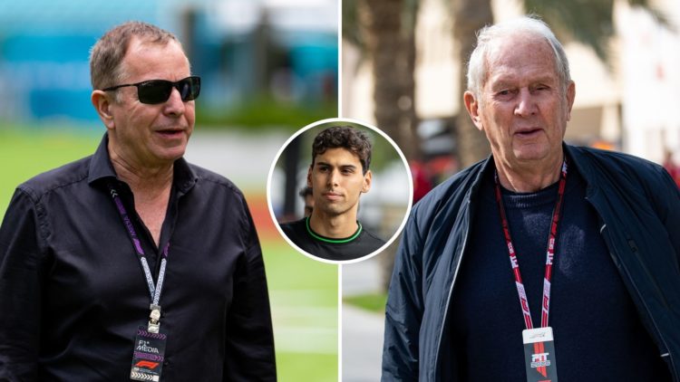 Martin Brundle walks in the paddock during practice ahead of the F1 Grand Prix of Miami, and Dr Helmut Marko of Oracle Red Bull Racing walks in the...